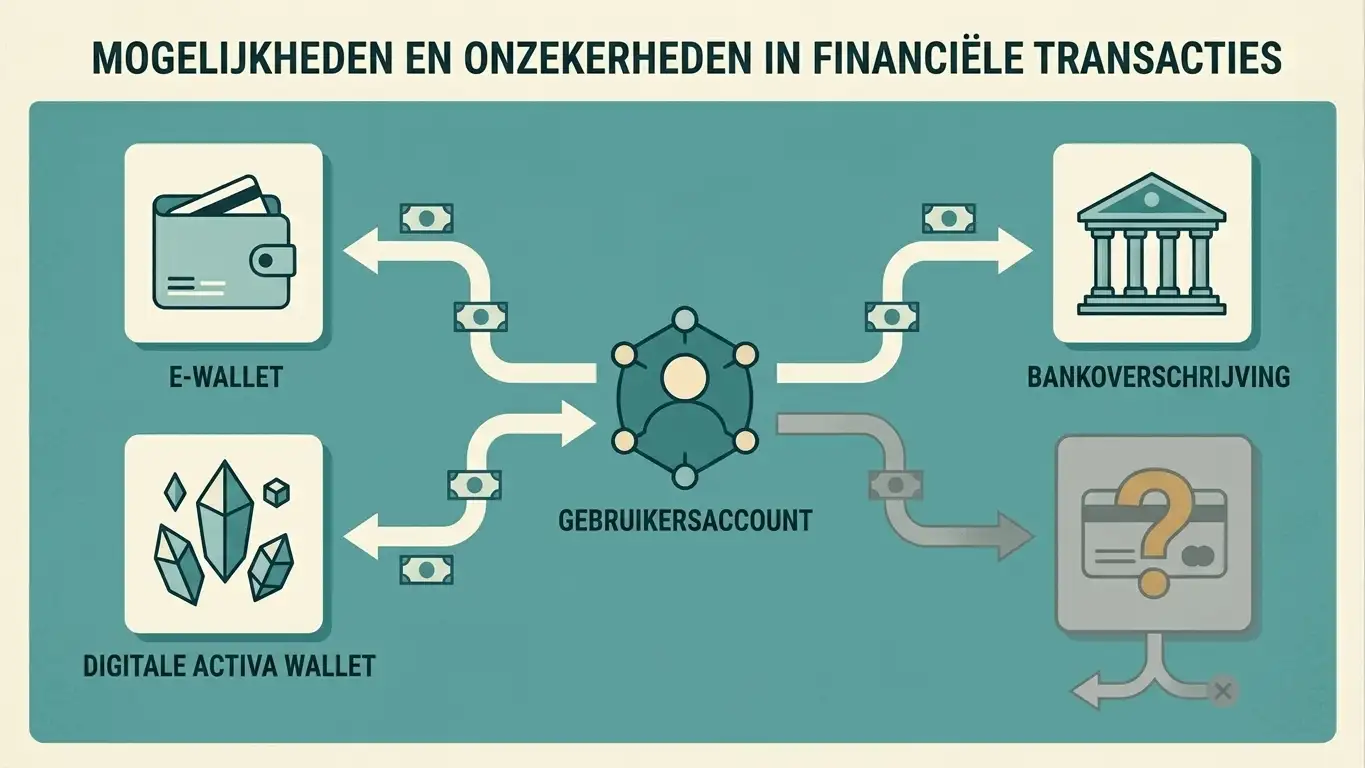 Conceptuele illustratie van een betaal- en opnameflow met generieke wallet, bank en cryptosymbolen en een visueel onzekere lokale betaaloptie
